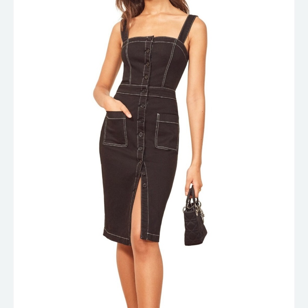 REFORMATION Black White Topstitching Button Down Roxanna Denim Dress,